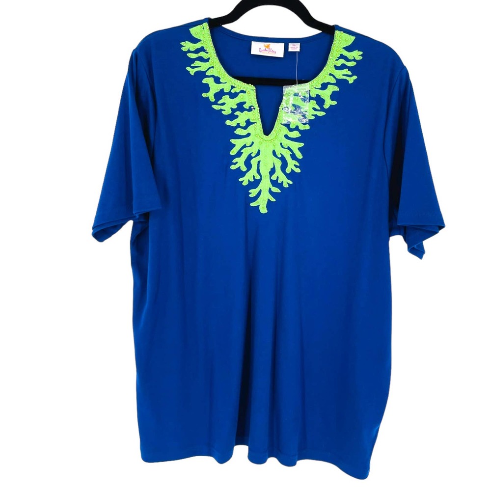 NWOT Quacker Factory Womens XL Blue Green Top Beaded Artsy Short Sleeve Casual